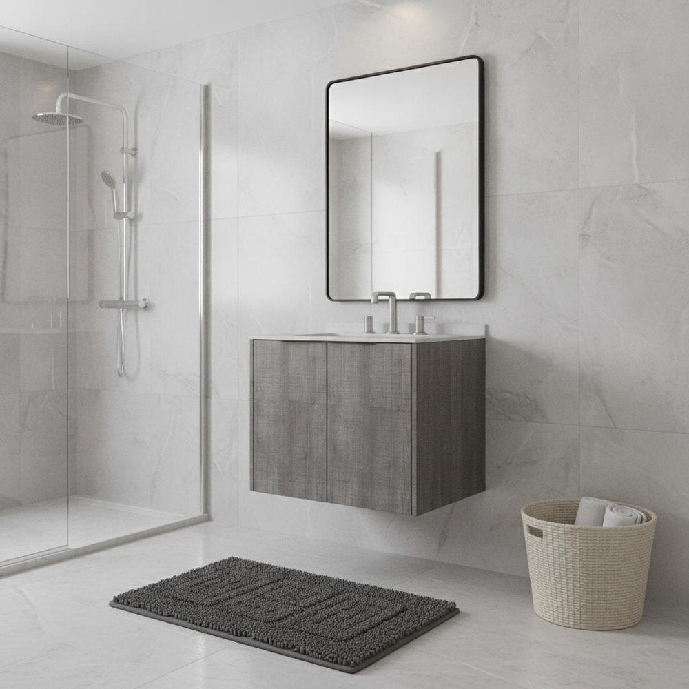 24" Gray Wood Floating Double Door Bathroom Vanity With White Sink