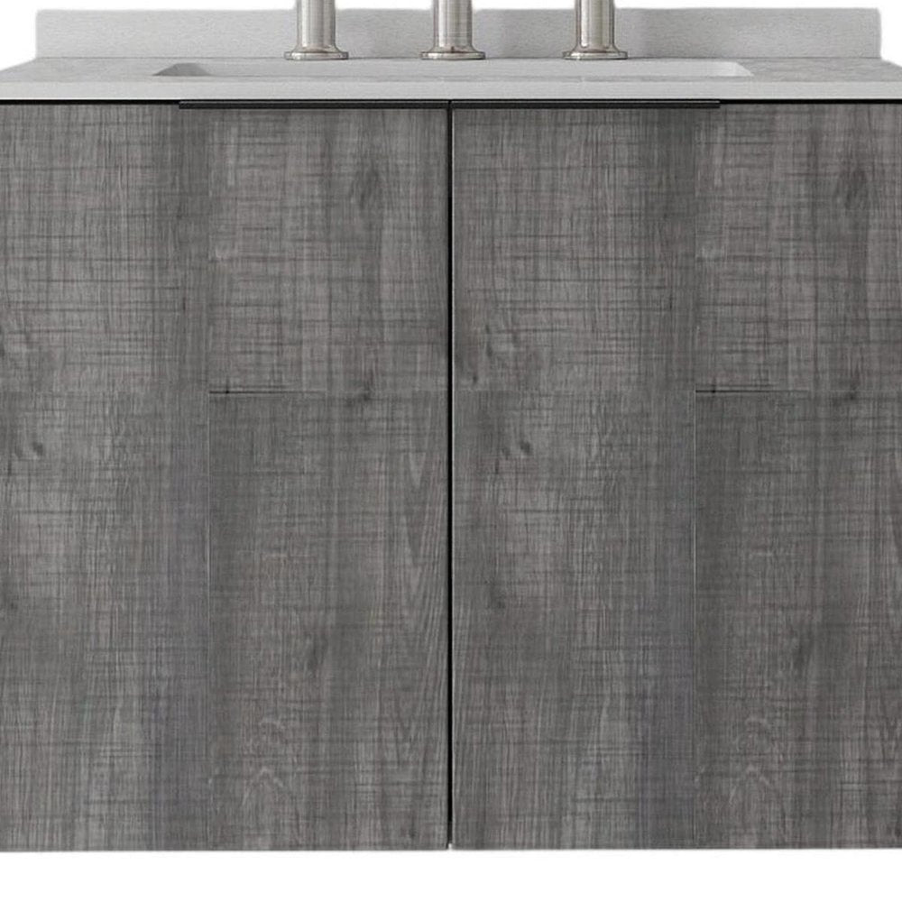 24" Gray Wood Floating Double Door Bathroom Vanity With White Sink