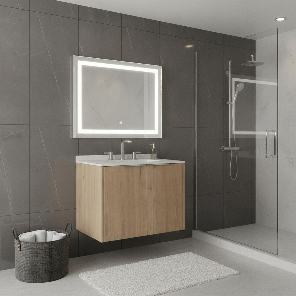 24" Brown Wood Floating Double Door Bathroom Vanity With White Sink