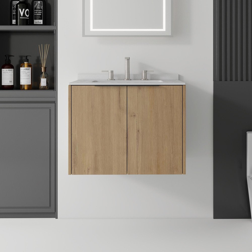 24" Brown Wood Floating Double Door Bathroom Vanity With White Sink