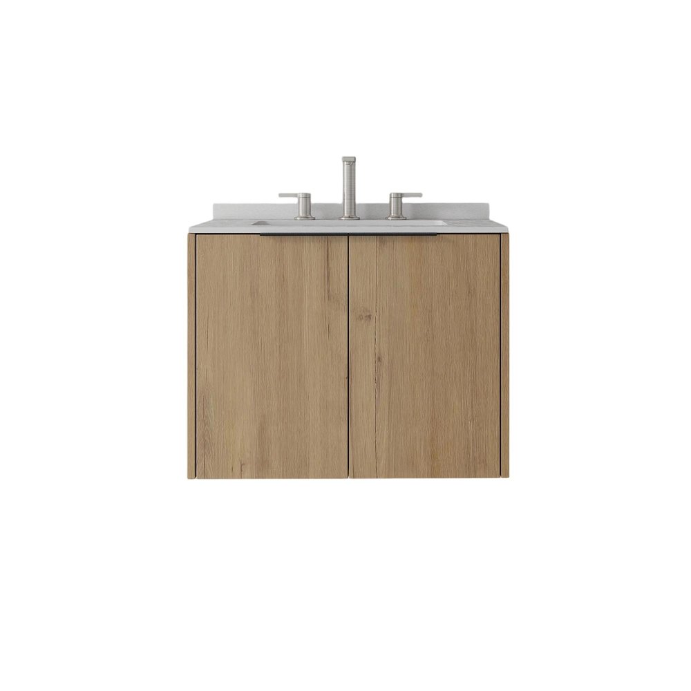 24" Brown Wood Floating Double Door Bathroom Vanity With White Sink