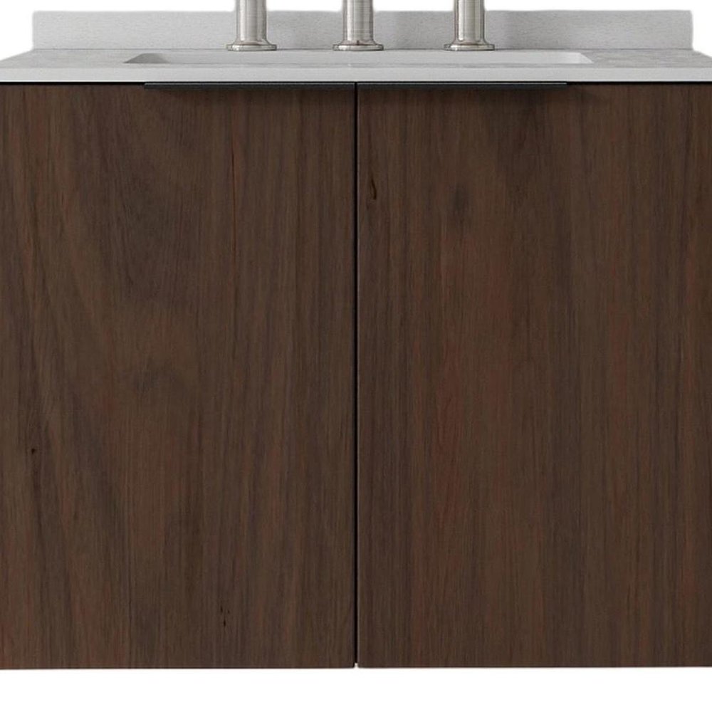 24" Brown Wood Floating Double Door Bathroom Vanity With White Sink