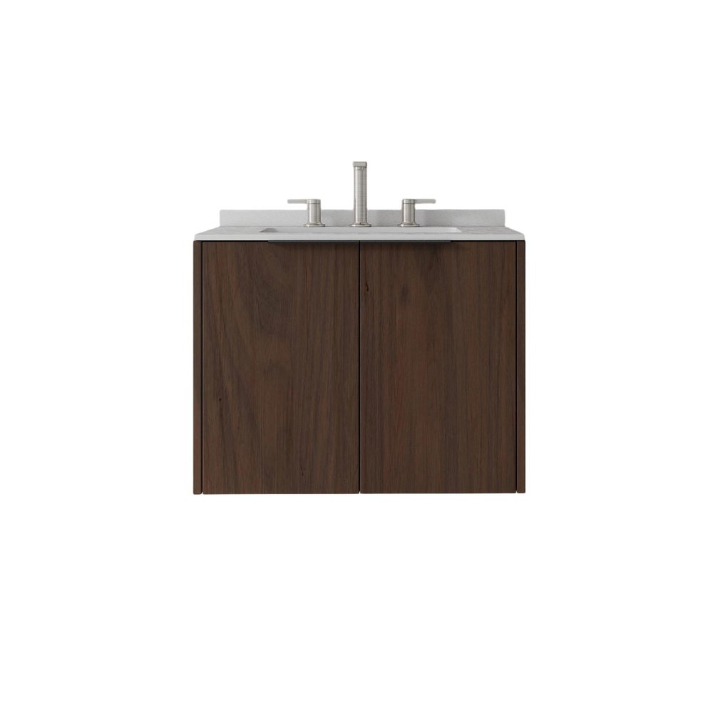 24" Brown Wood Floating Double Door Bathroom Vanity With White Sink