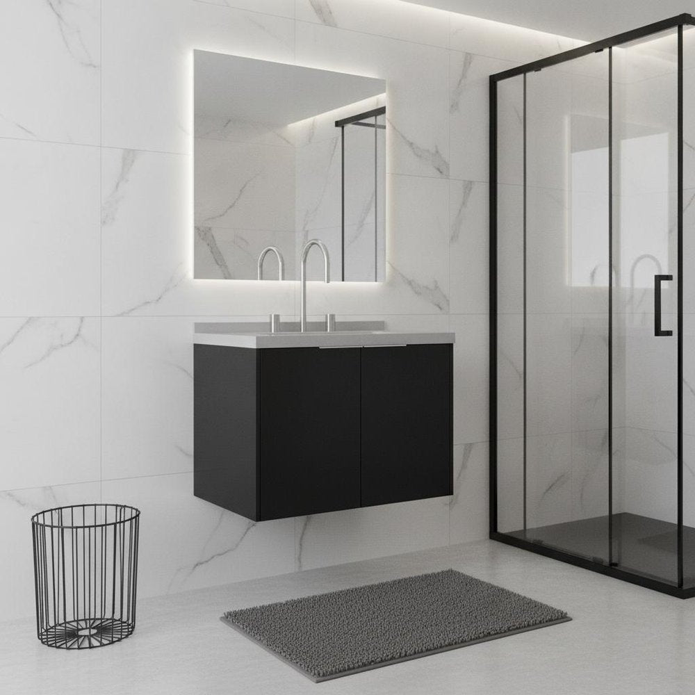 24" Black Wood Floating Double Door Bathroom Vanity With White Sink