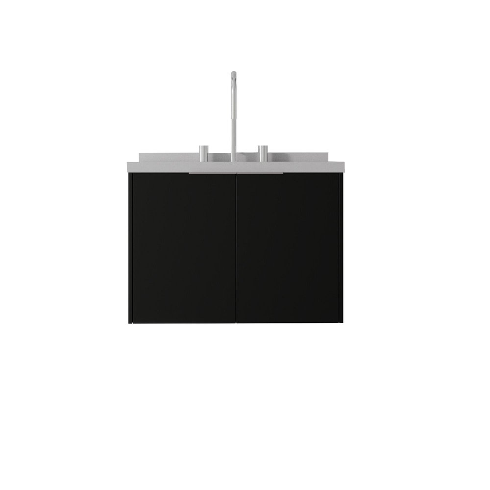 24" Black Wood Floating Double Door Bathroom Vanity With White Sink