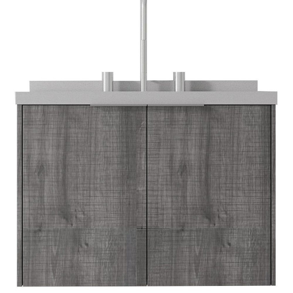 24" Gray Wood Floating Double Door Bathroom Vanity With White Sink