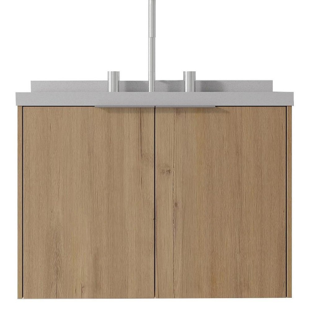 24" Brown Wood Floating Double Door Bathroom Vanity With White Sink
