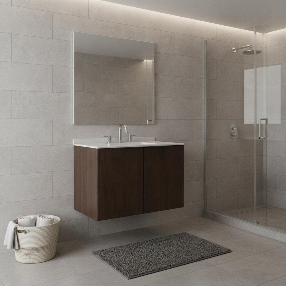 30" Brown Wood Floating Double Door Bathroom Vanity With White Sink