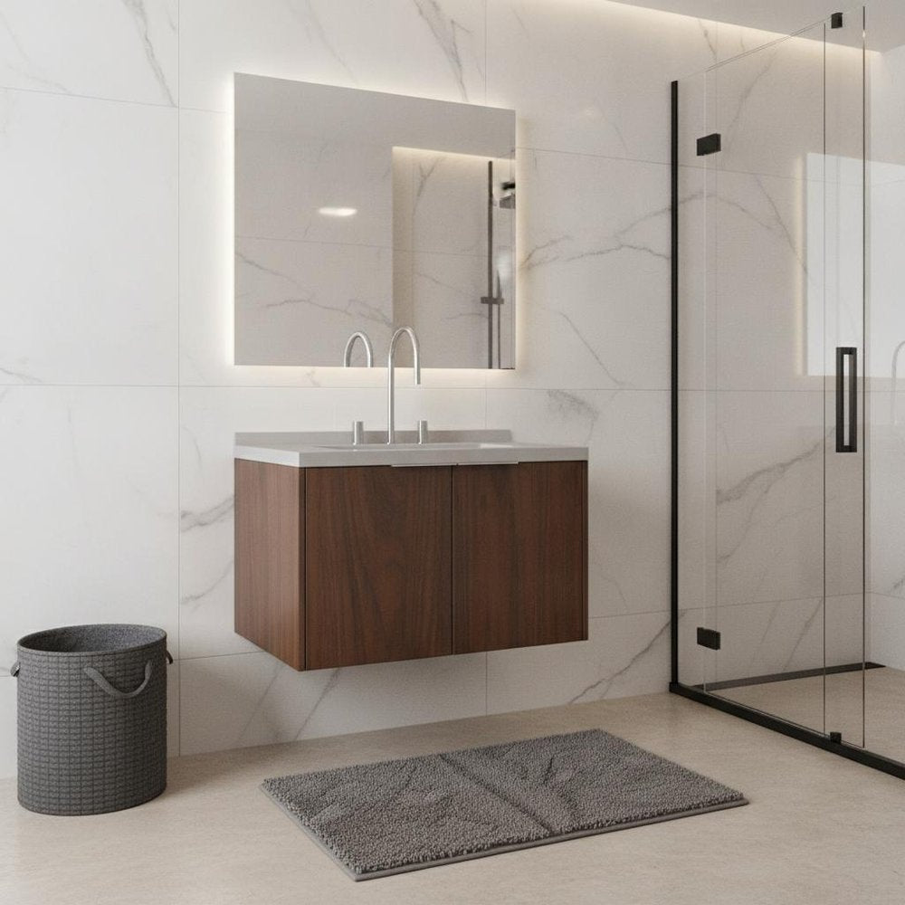 30" Brown Wood Floating Double Door Bathroom Vanity With White Sink