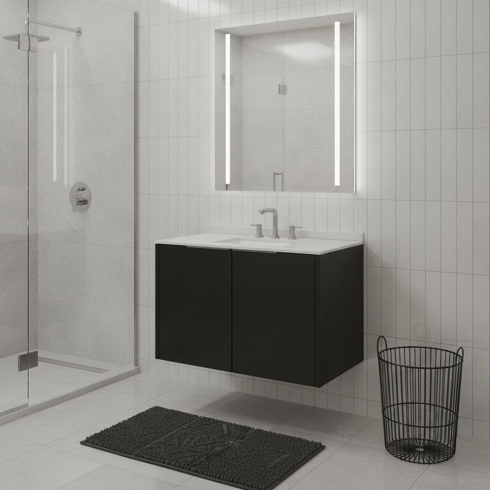 36" Black Wood Floating Double Door Bathroom Vanity With White Sink