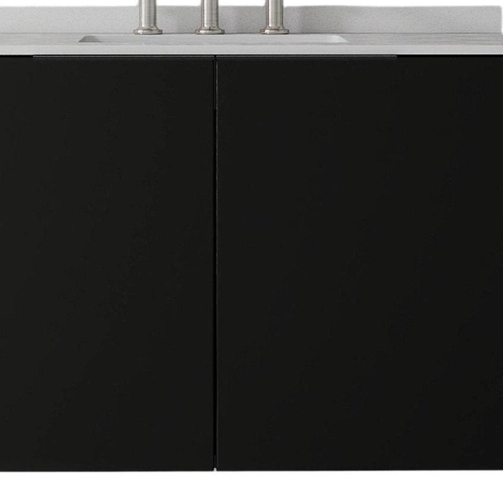 36" Black Wood Floating Double Door Bathroom Vanity With White Sink