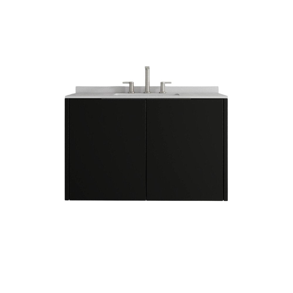 36" Black Wood Floating Double Door Bathroom Vanity With White Sink