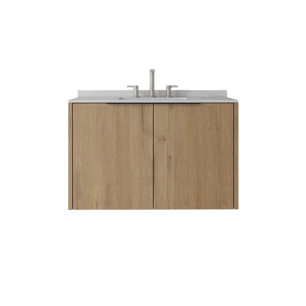 36" Brown Wood Floating Double Door Bathroom Vanity With White Sink