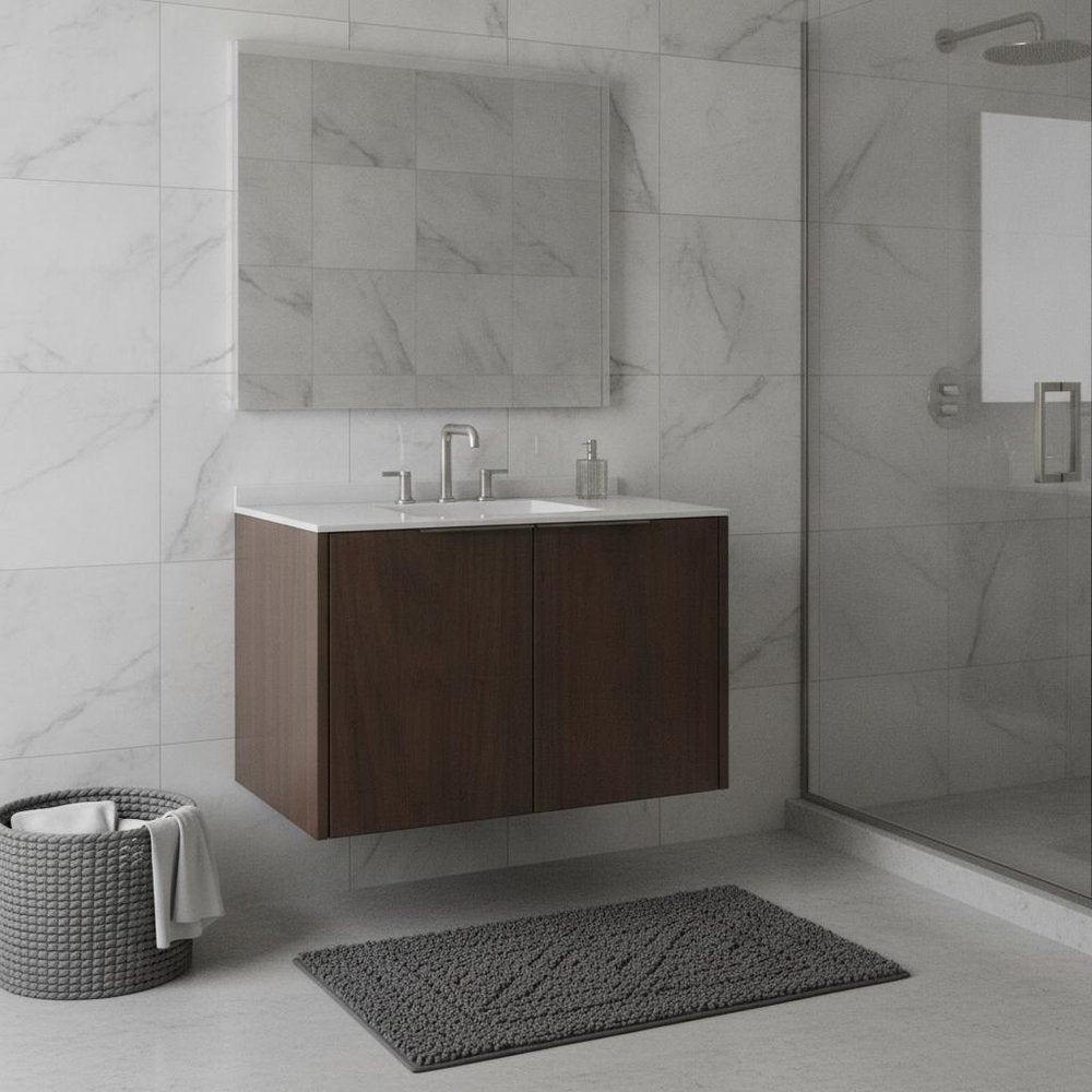 36" Brown Wood Floating Double Door Bathroom Vanity With White Sink