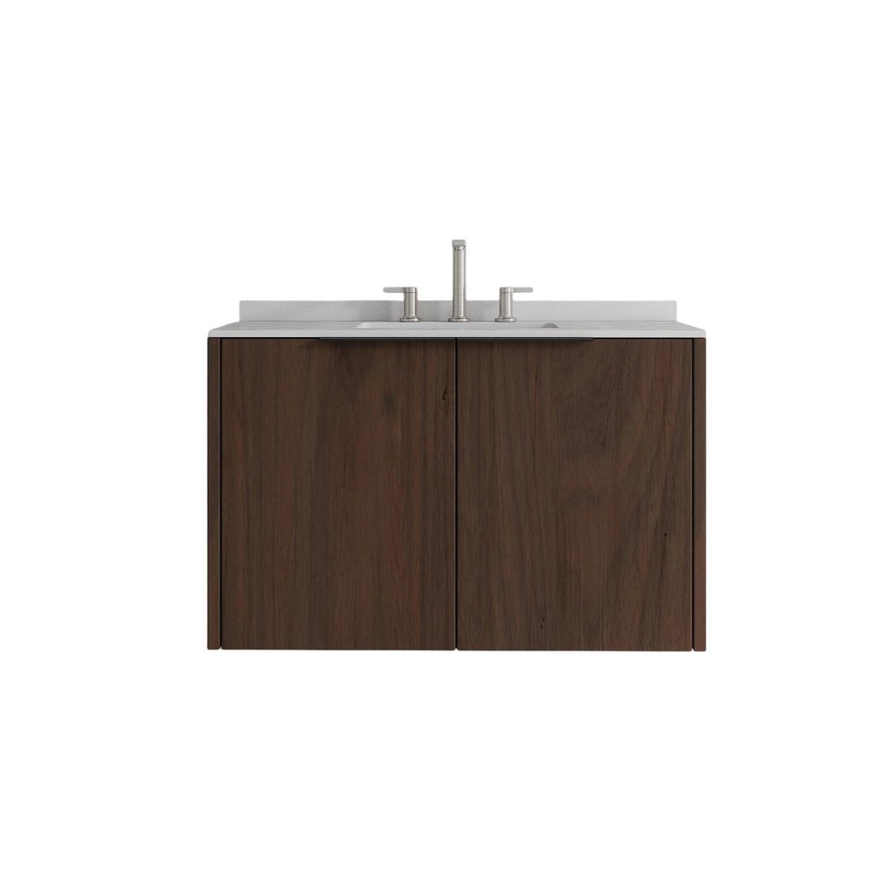 36" Brown Wood Floating Double Door Bathroom Vanity With White Sink