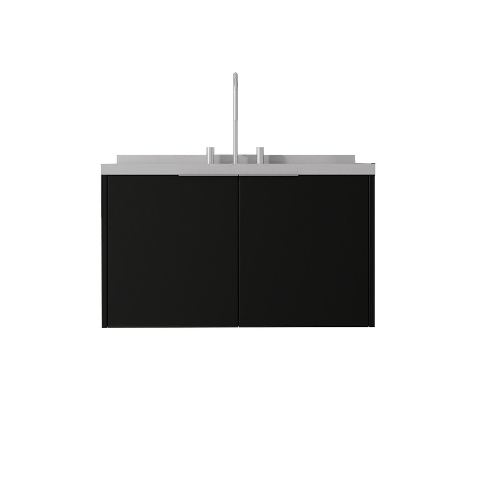 36" Black Wood Floating Double Door Bathroom Vanity With White Sink