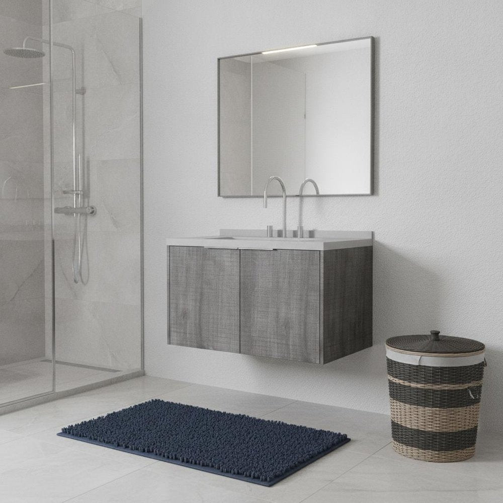 36" Gray Wood Floating Double Door Bathroom Vanity With White Sink