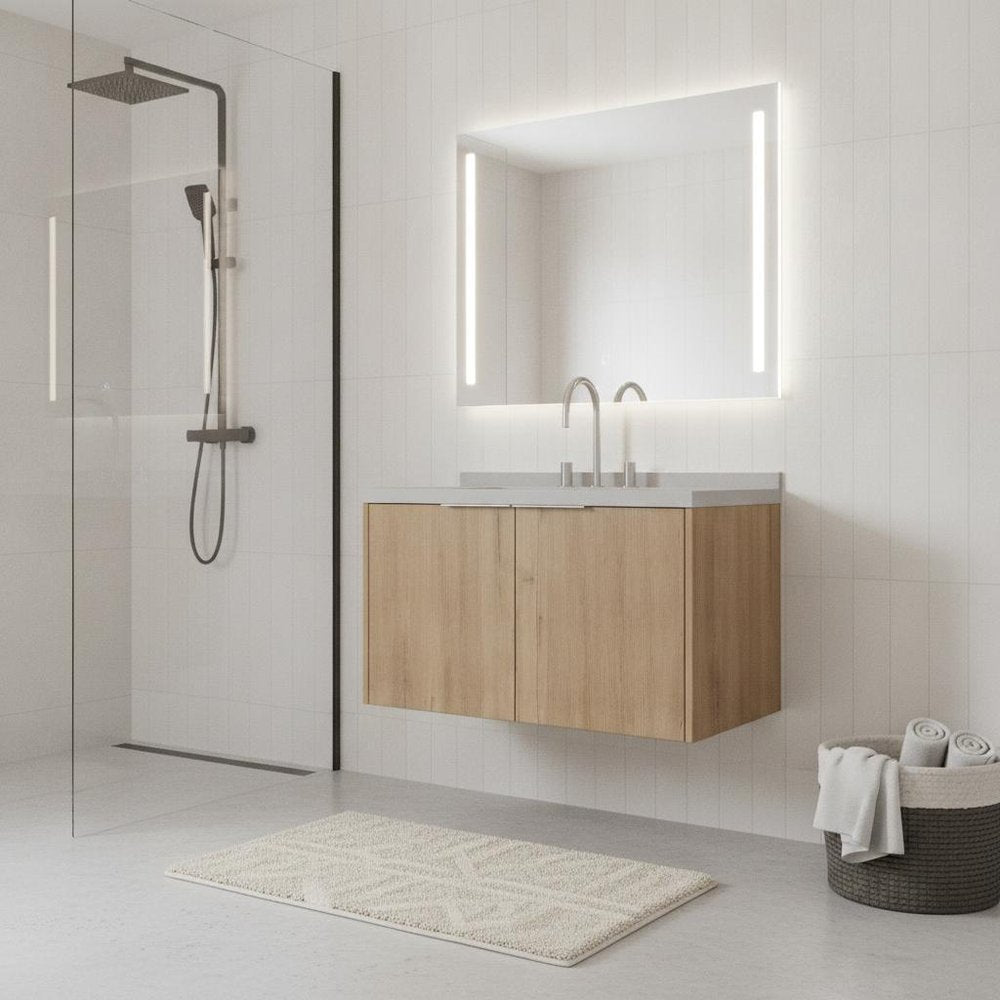 36" Brown Wood Floating Double Door Bathroom Vanity With White Sink
