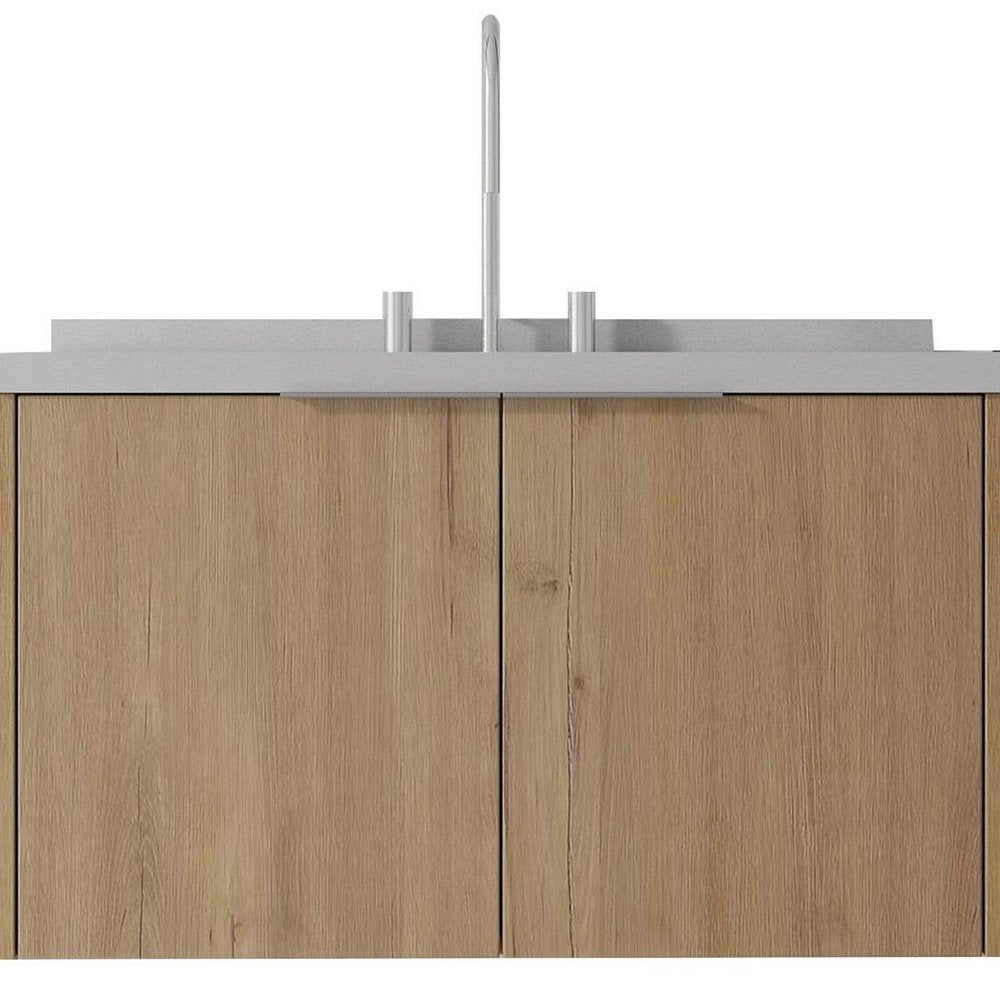 36" Brown Wood Floating Double Door Bathroom Vanity With White Sink