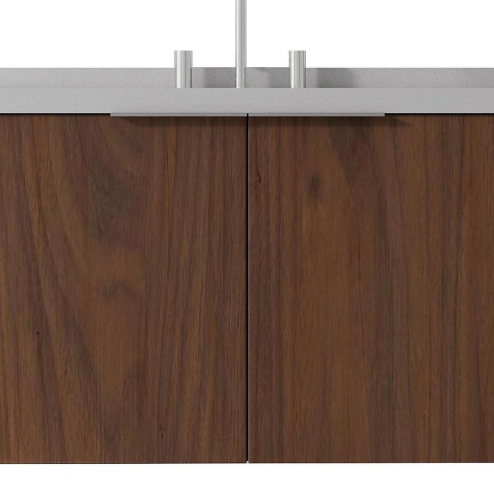 36" Brown Wood Floating Double Door Bathroom Vanity With White Sink
