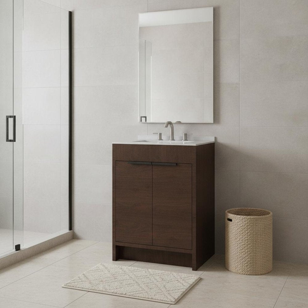 24" Brown Wood Freestanding Double Door Bathroom Vanity With White Sink
