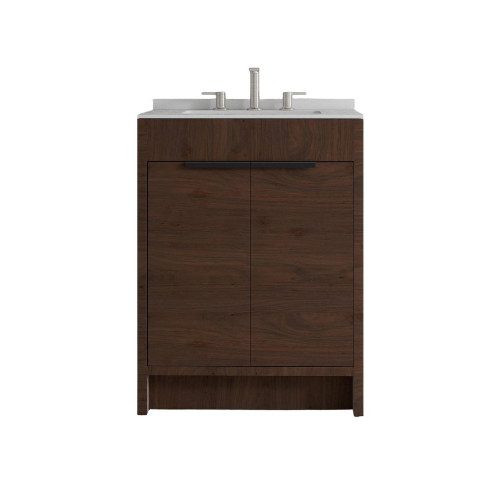 24" Brown Wood Freestanding Double Door Bathroom Vanity With White Sink