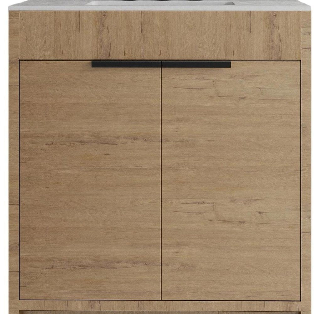 30" Brown Wood Freestanding Double Door Bathroom Vanity With White Sink