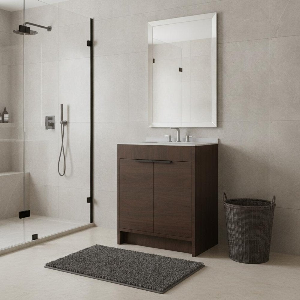 30" Brown Wood Freestanding Double Door Bathroom Vanity With White Sink