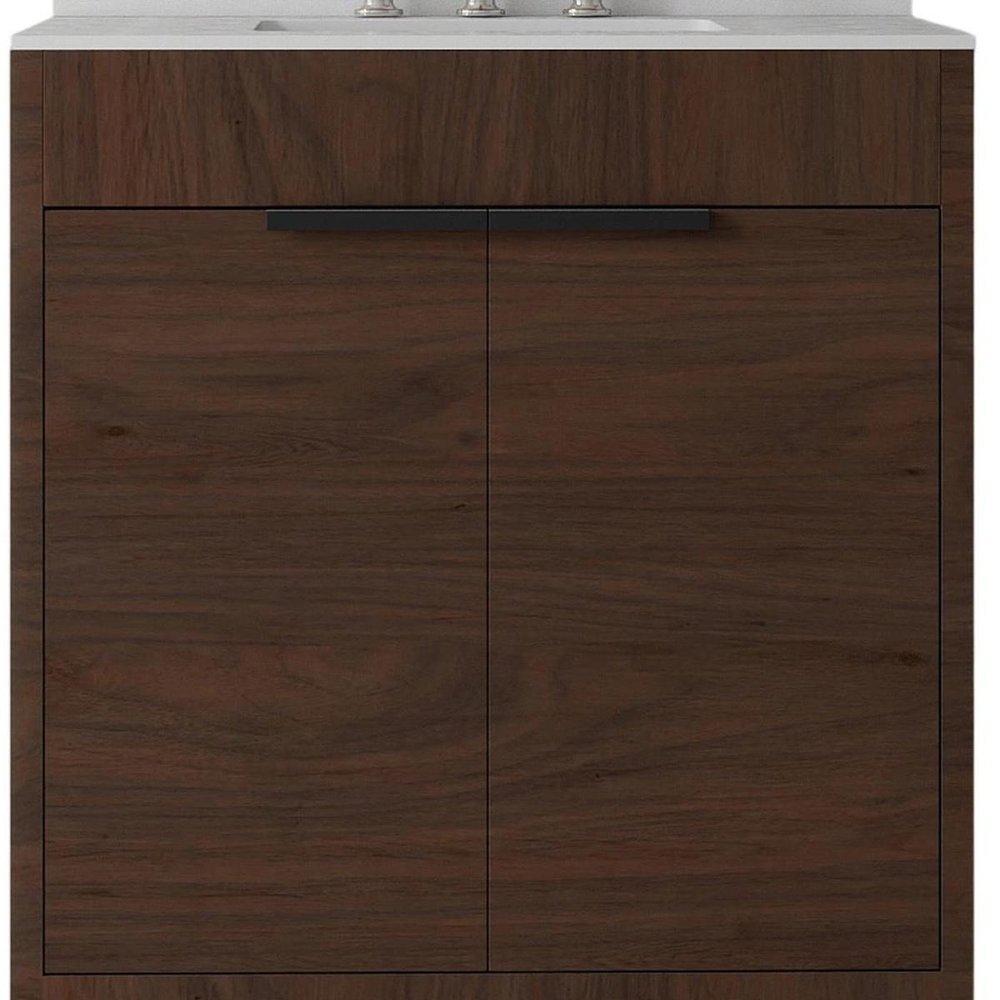 30" Brown Wood Freestanding Double Door Bathroom Vanity With White Sink