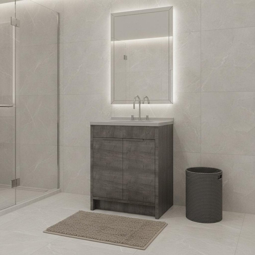 30" Gray Wood Freestanding Double Door Bathroom Vanity With White Sink