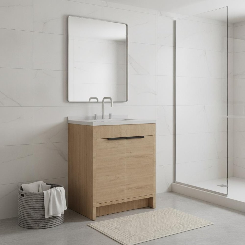 30" Brown Wood Freestanding Double Door Bathroom Vanity With White Sink