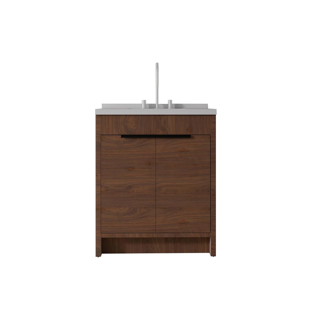 30" Brown Wood Freestanding Double Door Bathroom Vanity With White Sink