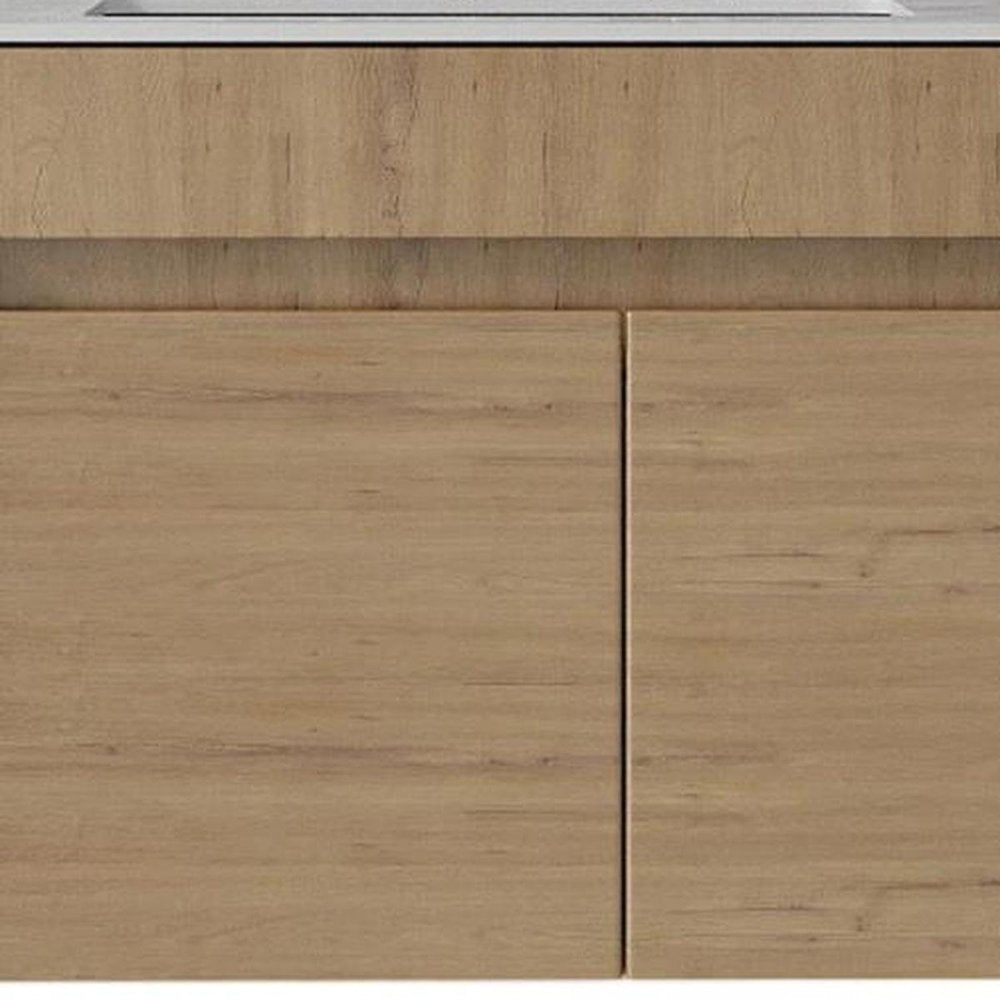 30" Brown Wood Floating Double Door Bathroom Vanity With White Sink