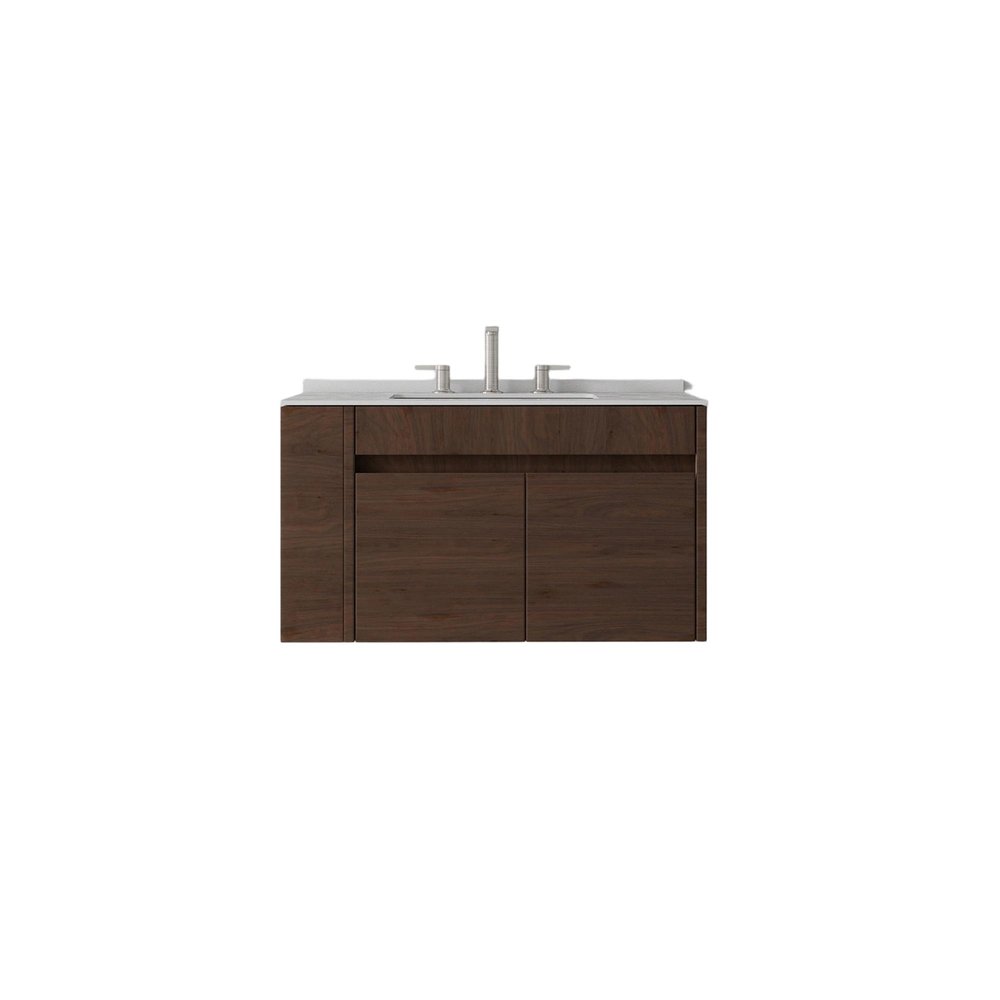 30" Brown Wood Floating Double Door Bathroom Vanity With White Sink