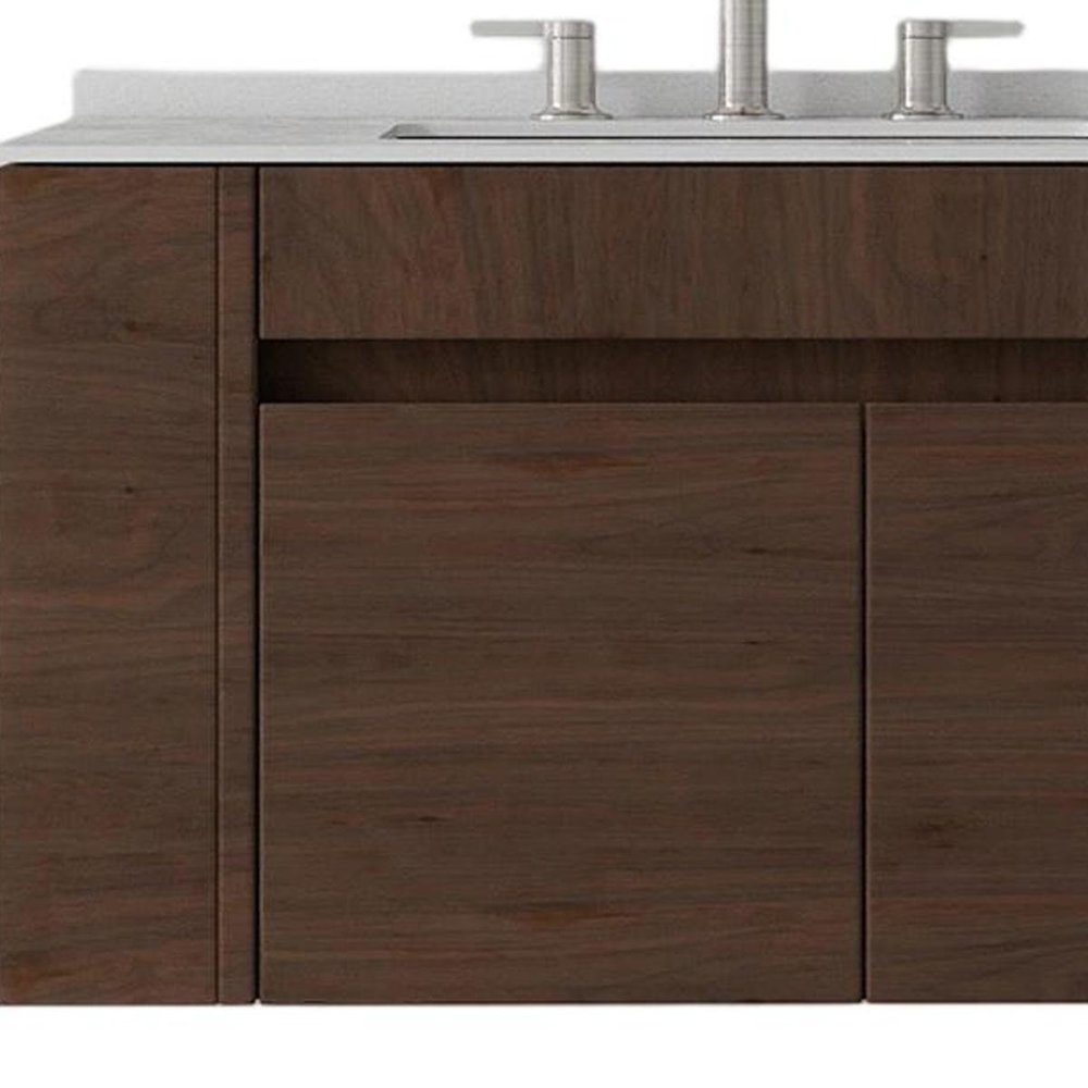 30" Brown Wood Floating Double Door Bathroom Vanity With White Sink