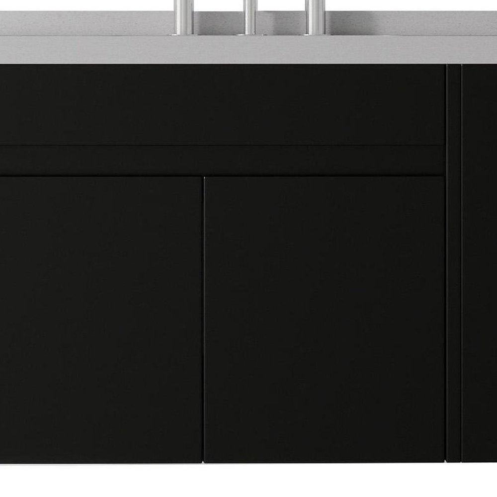30" Black Wood Floating Double Door Bathroom Vanity With White Sink