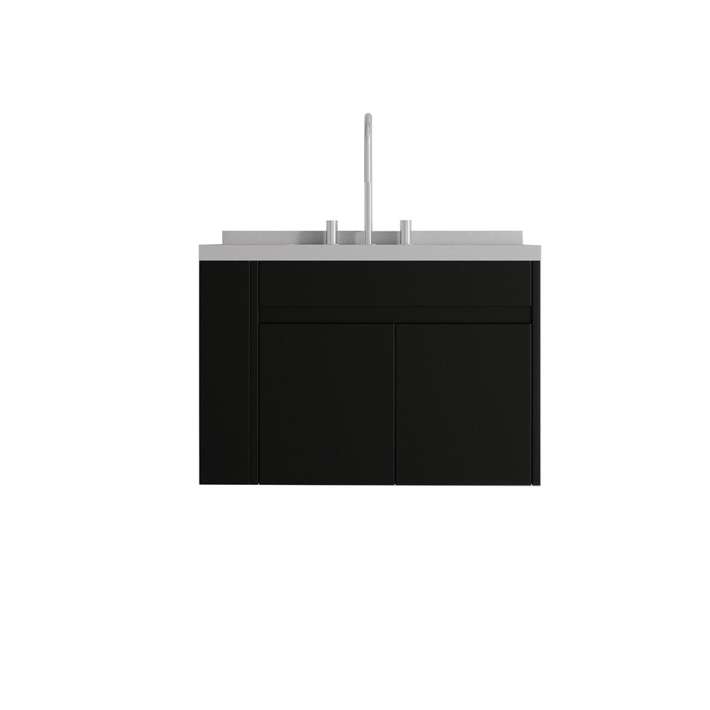 30" Black Wood Floating Double Door Bathroom Vanity With White Sink
