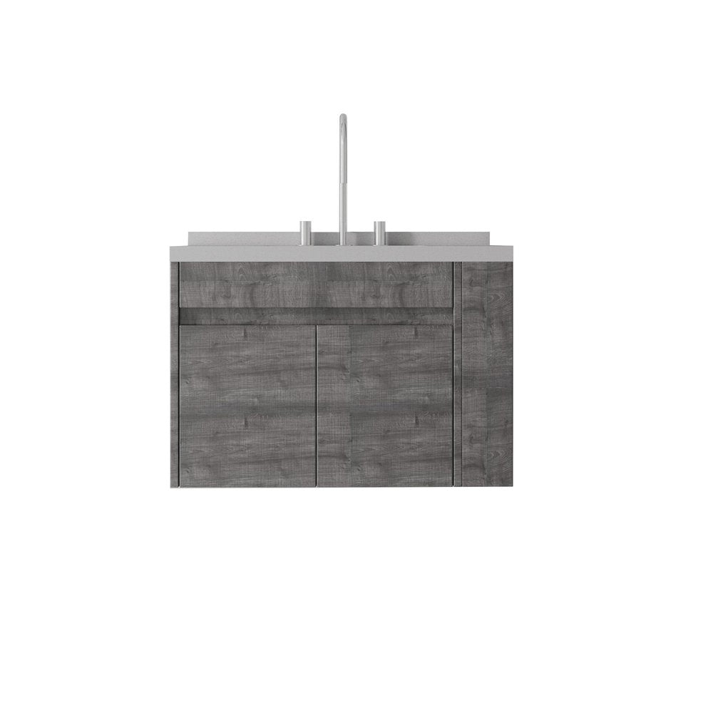 30" Gray Wood Floating Double Door Bathroom Vanity With White Sink