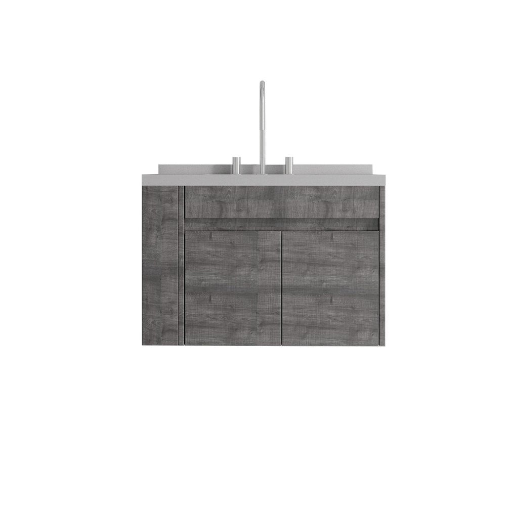 30" Gray Wood Floating Double Door Bathroom Vanity With White Sink