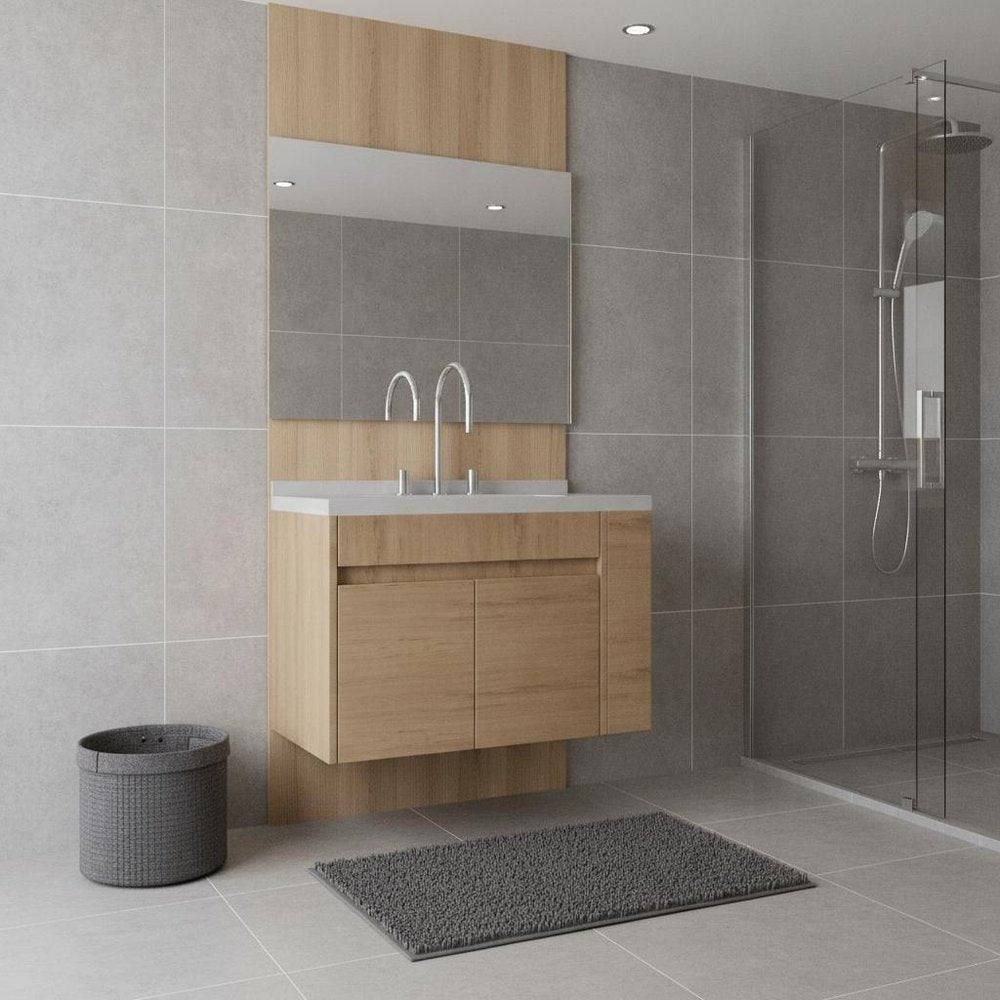 30" Brown Wood Floating Double Door Bathroom Vanity With White Sink