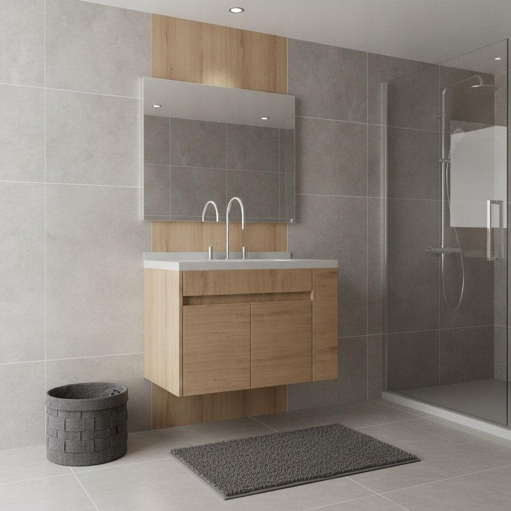 30" Brown Wood Floating Double Door Bathroom Vanity With White Sink