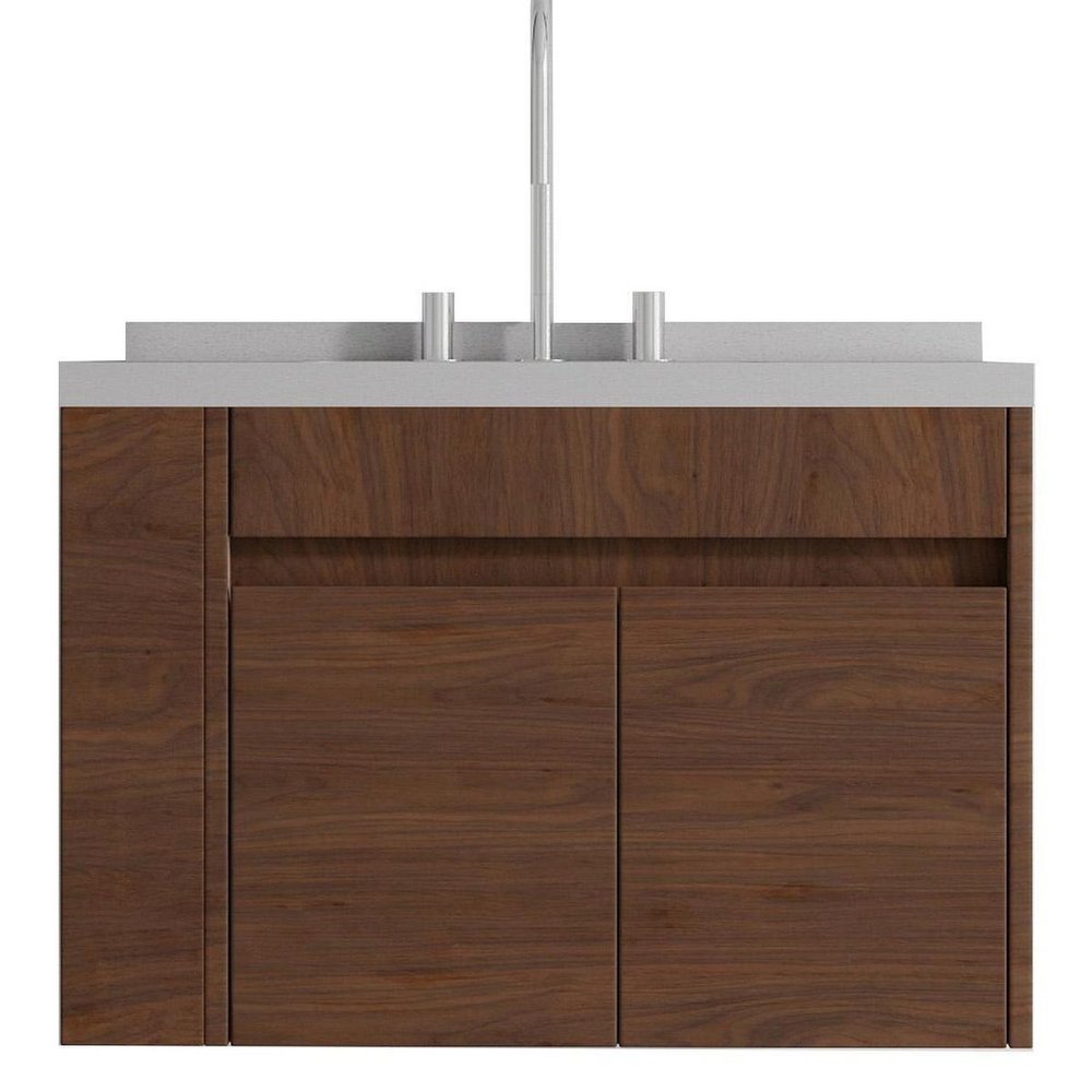 30" Brown Wood Floating Double Door Bathroom Vanity With White Sink