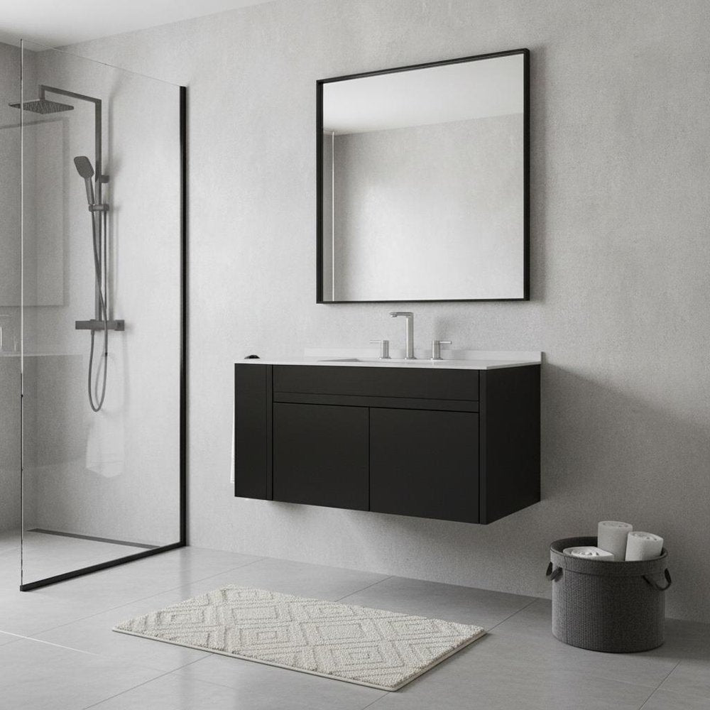 36" Black Wood Floating Double Door Bathroom Vanity With White Sink