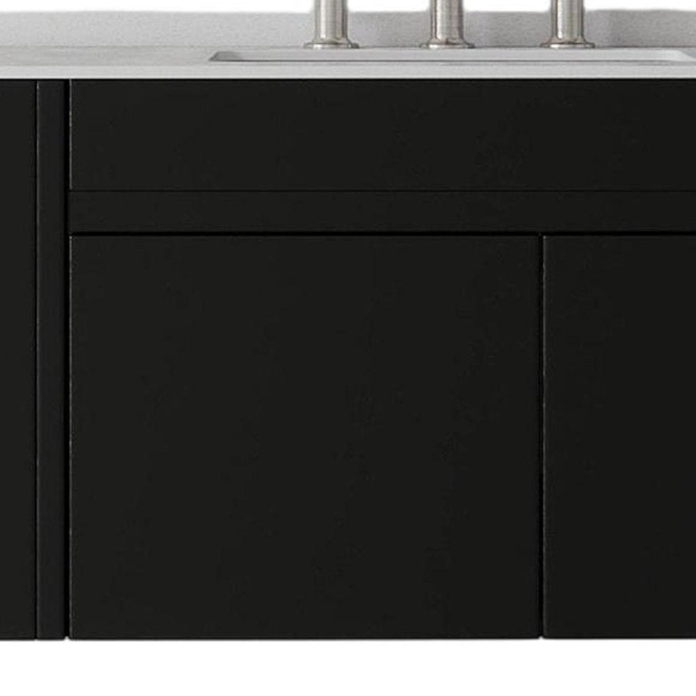 36" Black Wood Floating Double Door Bathroom Vanity With White Sink