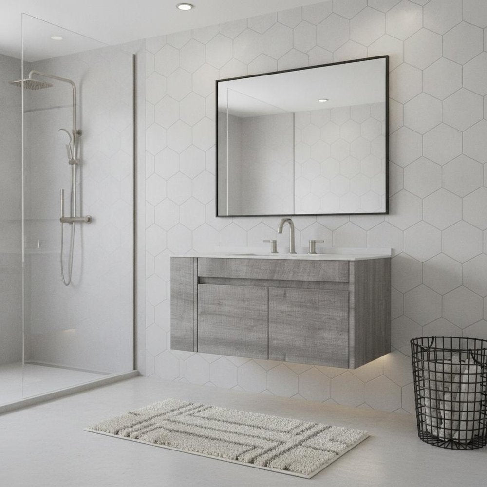 36" Gray Wood Floating Double Door Bathroom Vanity With White Sink