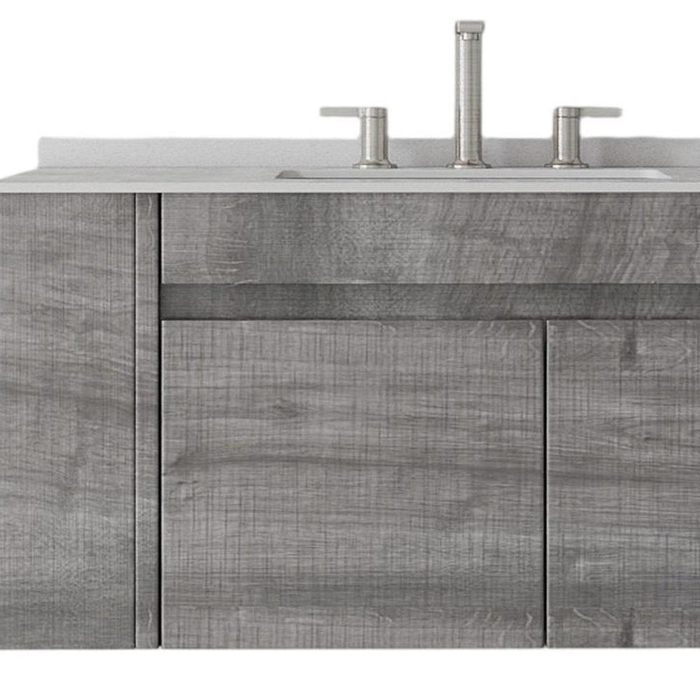 36" Gray Wood Floating Double Door Bathroom Vanity With White Sink