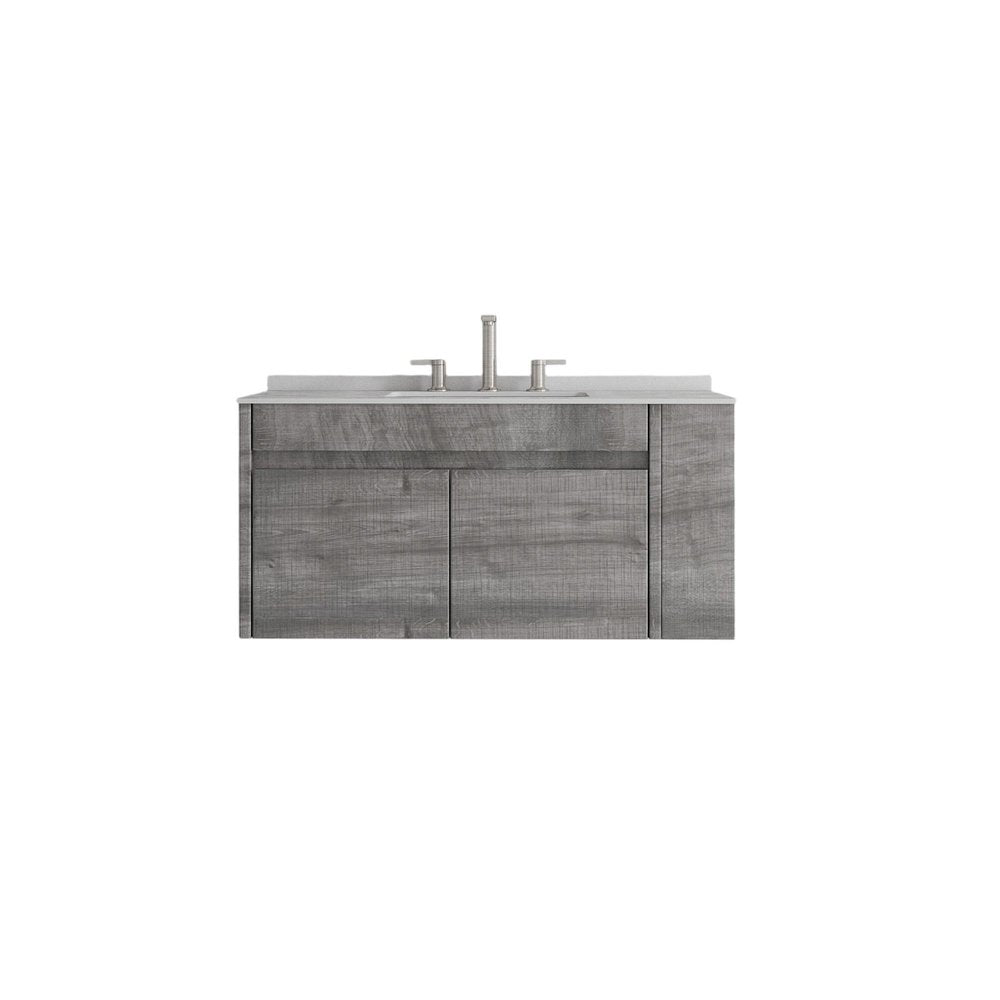 36" Gray Wood Floating Double Door Bathroom Vanity With White Sink