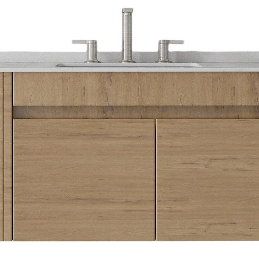 36" Brown Wood Floating Double Door Bathroom Vanity With White Sink