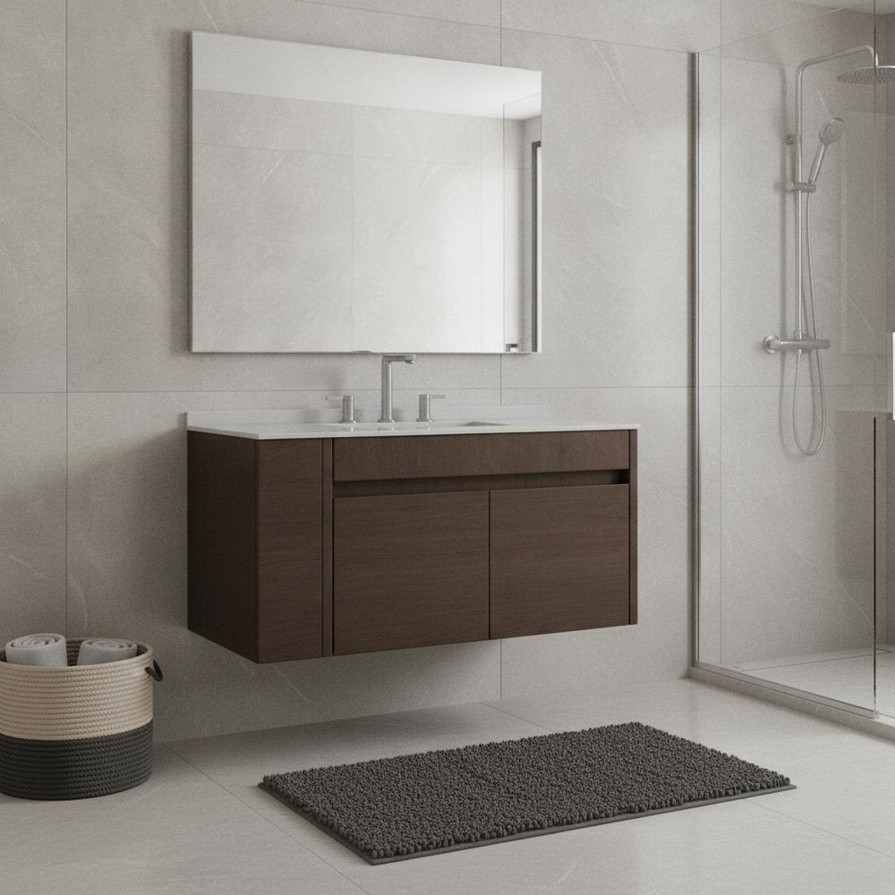 36" Brown Wood Floating Double Door Bathroom Vanity With White Sink