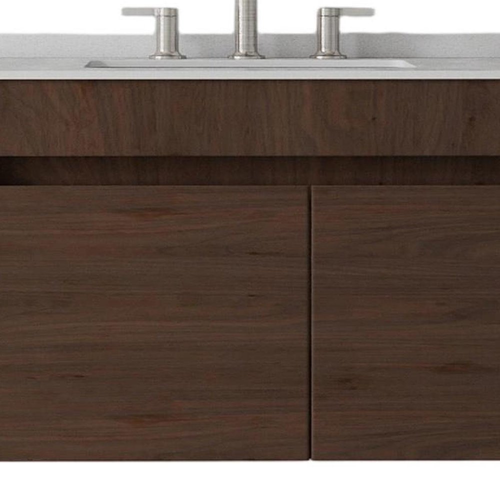 36" Brown Wood Floating Double Door Bathroom Vanity With White Sink